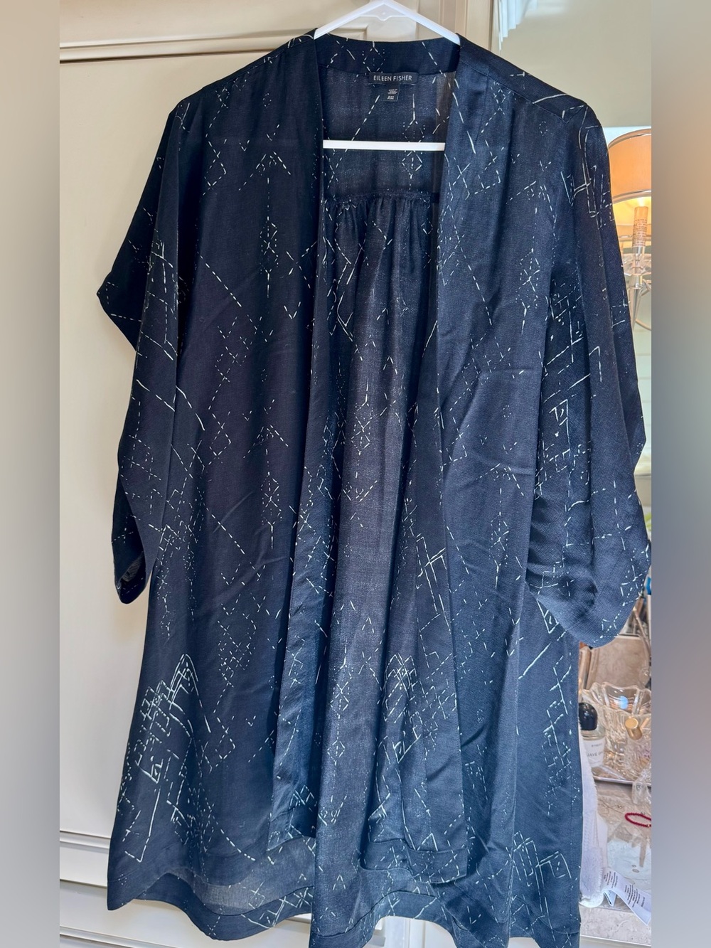 Eileen Fisher Black Open-Front Kimono with Subtle White Geometric Detail